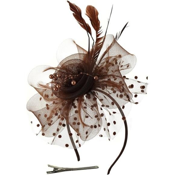 Women's Feather Mesh Flower Fascinator with Headband Coffee - Picture 1 of 5
